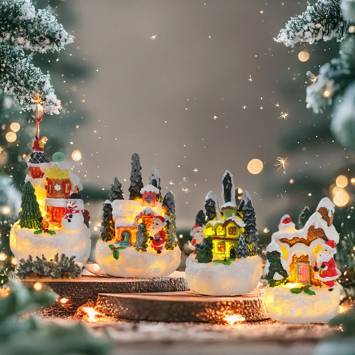زينة عيد الميلاد شجرة عيد الميلاد سانتا كلوز منازل القرية ثلج المناظر الطبيعية الديكور