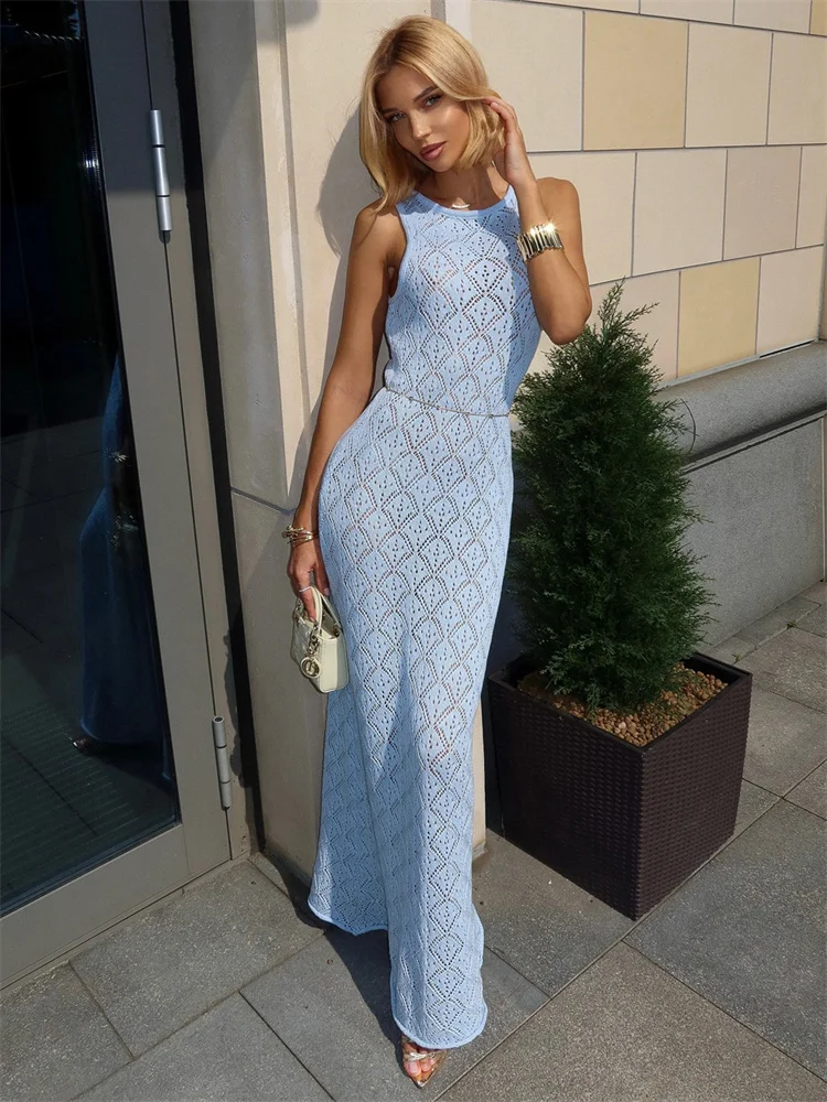 

Tossy Knit Hollow Out Female Beach Dress Sleeveless Solid High Waist Commute See-Through Long Dress Women's Knitwear Maxi Dress