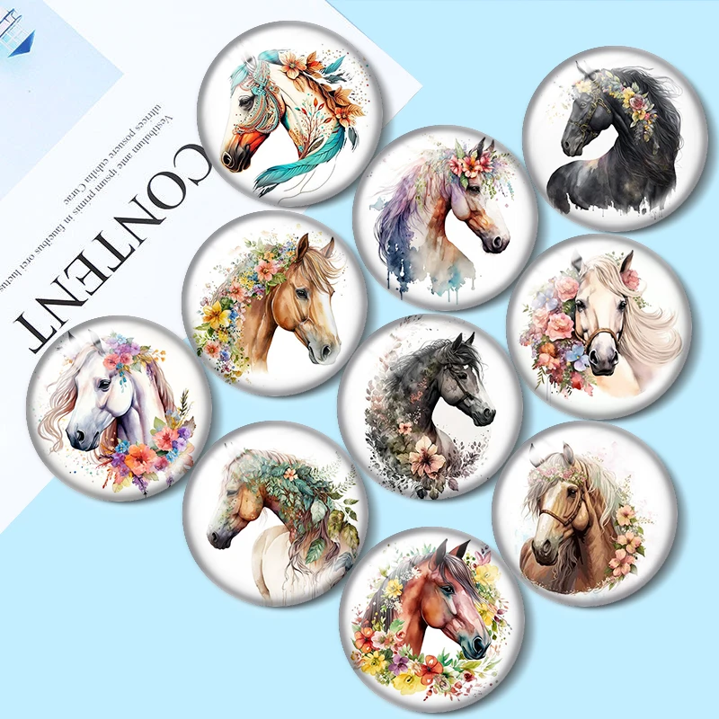 Boho Flowers Horse New Drawing  mix 12mm/18mm/20mm/25mm Round photo glass cabochon demo flat back Making findings