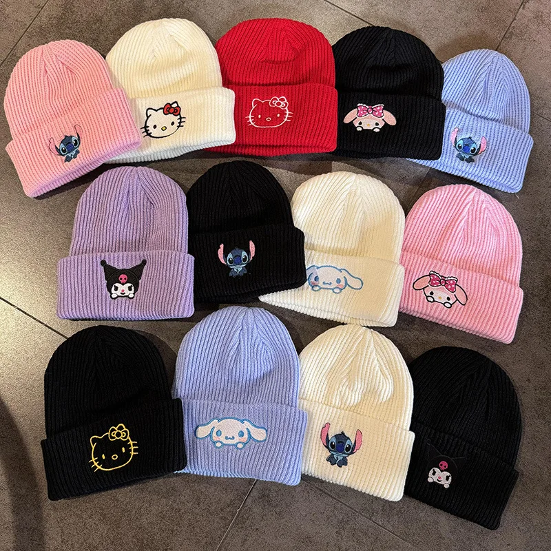 Bonnets brodés de dessin animé populaire américain Anime Kawaii brodé tricoté automne hiver chapeau chaud laine chapeau Kitty bonnets cadeau