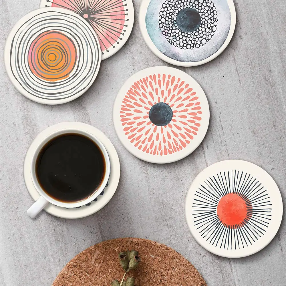 6pcs Drink Coasters ,Watercolor Graffiti Circle Flower Absorbent Round Ceramic Stone Cushion with Cork Base and Metal Stand