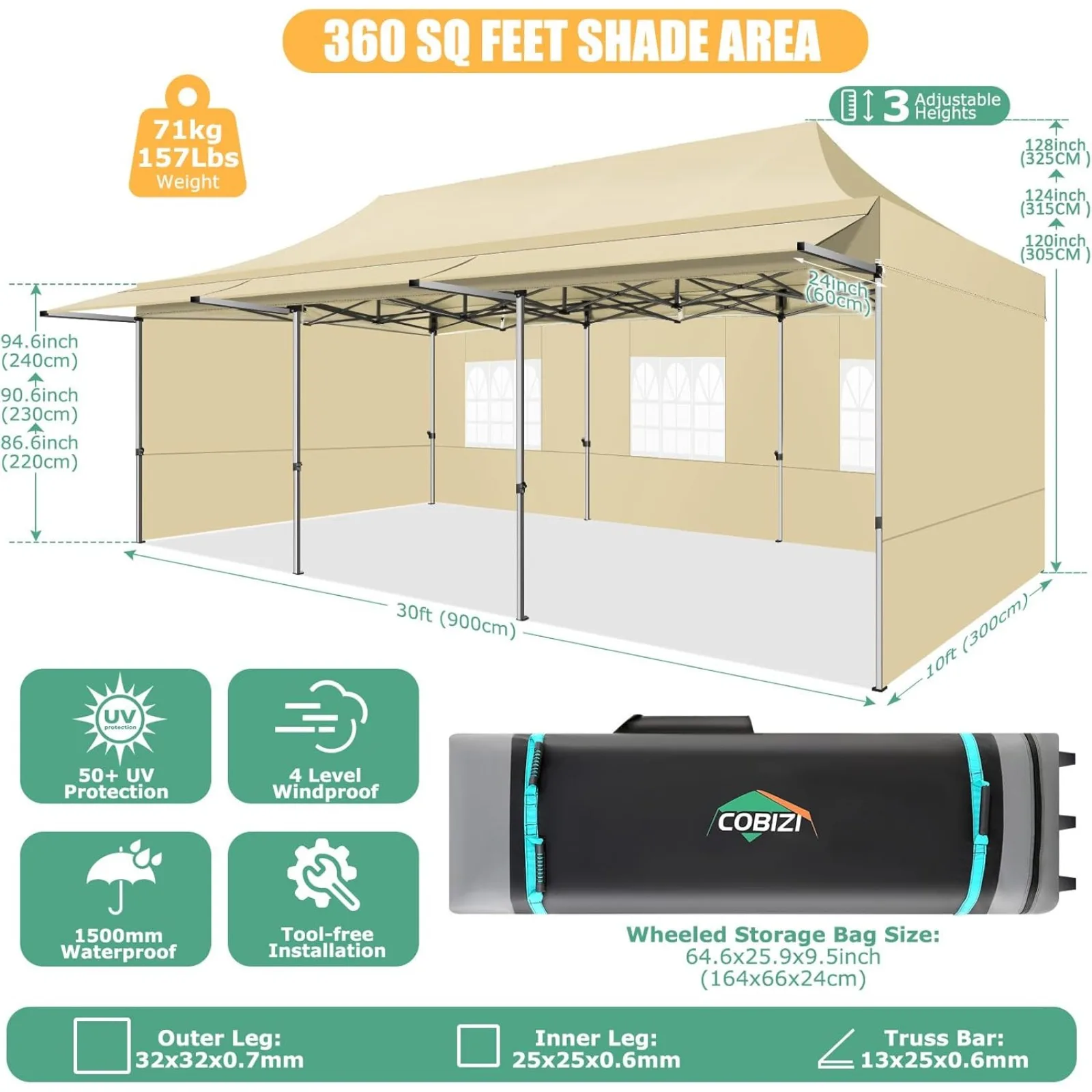 US 10x30 Pop Up Canopy Tent with Awning,Heavy Duty Canopy UPF 50+ All Season Wind Waterproof Commercial Outdoor Street Vendors