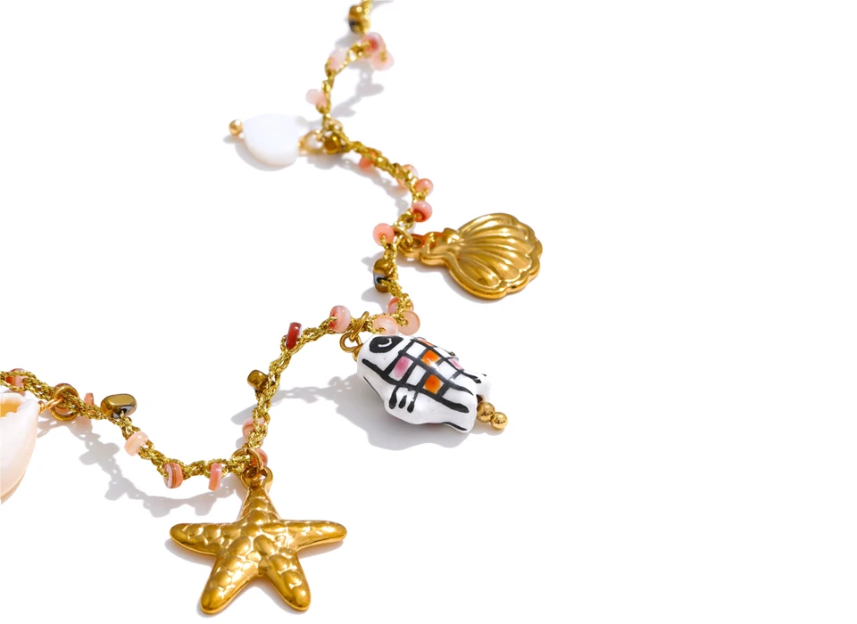 Yhpup Ozean Stil Keramik Fisch Seestern Shell Tropfen Halskette für Frauen Edelstahl Goldener Kragen Sommer Handgefertigter Schmuck – Detail 12