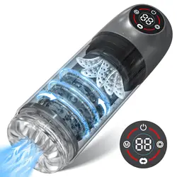 Masturbador masculino automático con bomba de pene de vacío giratoria, succión, lamer, vibrador, Juguetes sexuales para adultos, coño de bolsillo, pantalla LCD