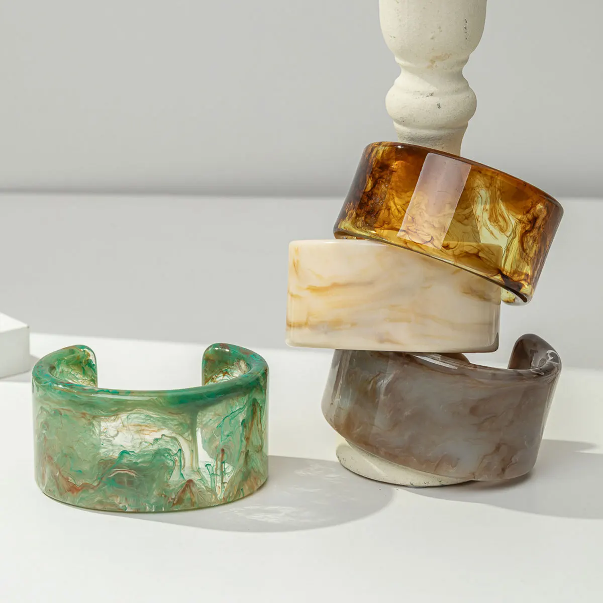 Tie-dye Acetic Acid Acrylic Wide Open Cuff Bracelet Smear Bangle Waterproof 2026 Statement Wrist Jewelry Gray Green Accessories