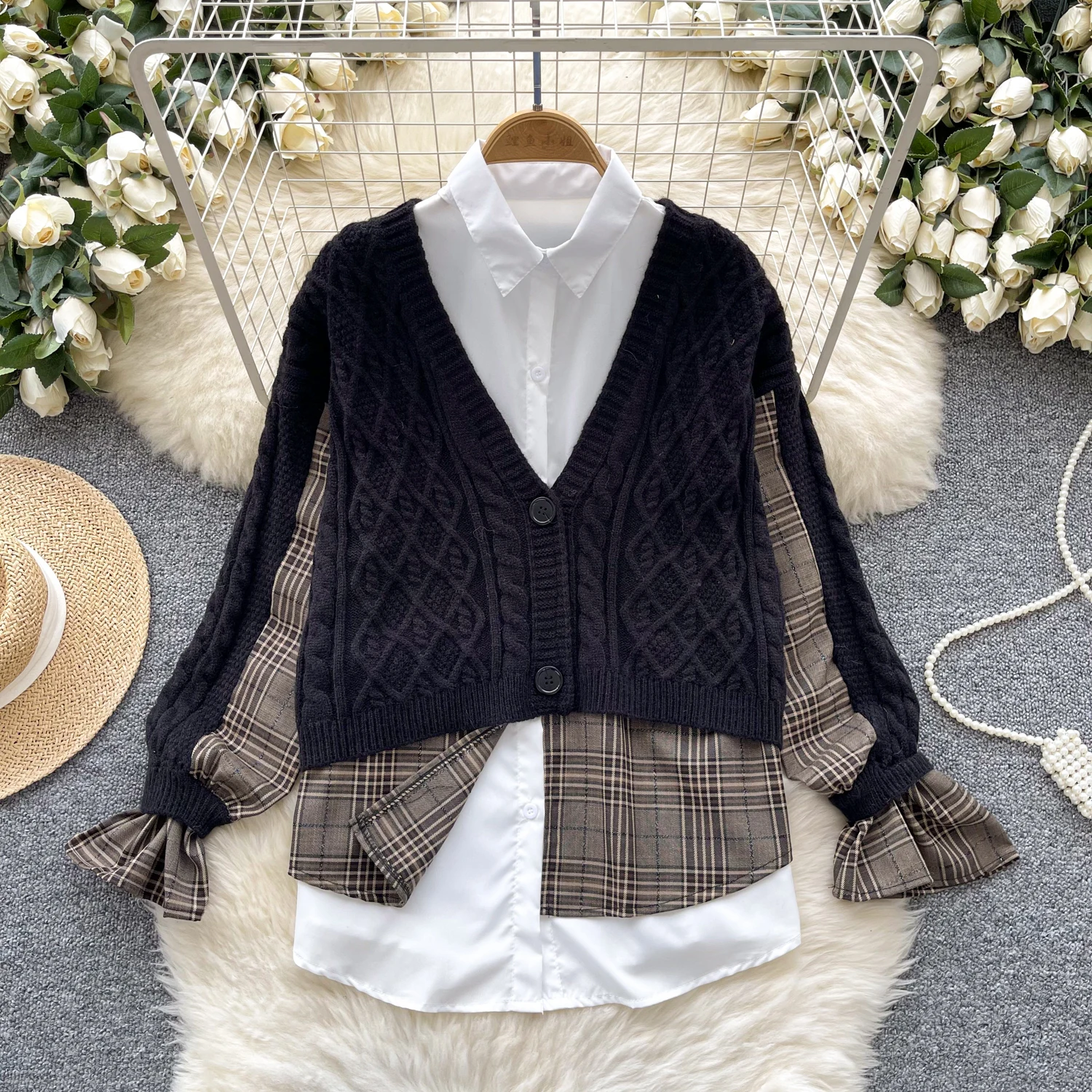 Autumn Two-piece Set Clothes Women Suits Twists Sweater Cardigans Coat+Sleeveless Plaid Shirt Vintage Female Clothes