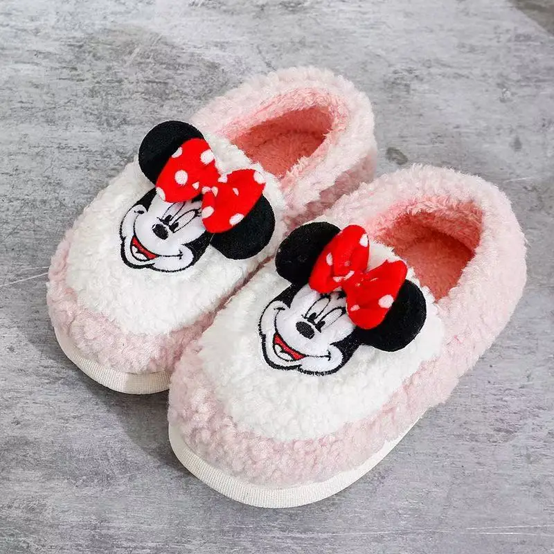 Disney Children Cotton Slippers Winter Boys Cartoon Mickey Minnie Mouse Print Keep Warm Girls Indoor Bedroom Home Shoes 30-35