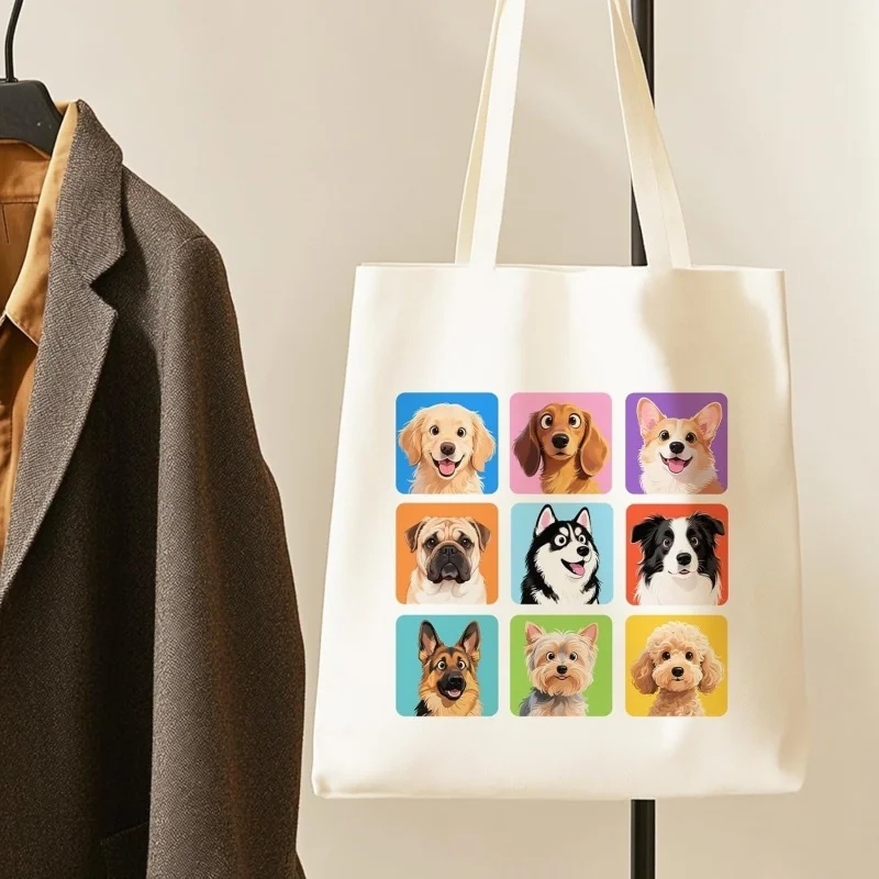 Multi Breed Dog Grid Canvas Tote Bag Colorful Square Puppy Portrait Print Reusable Shoulder Bag Shopping Handbag For Women