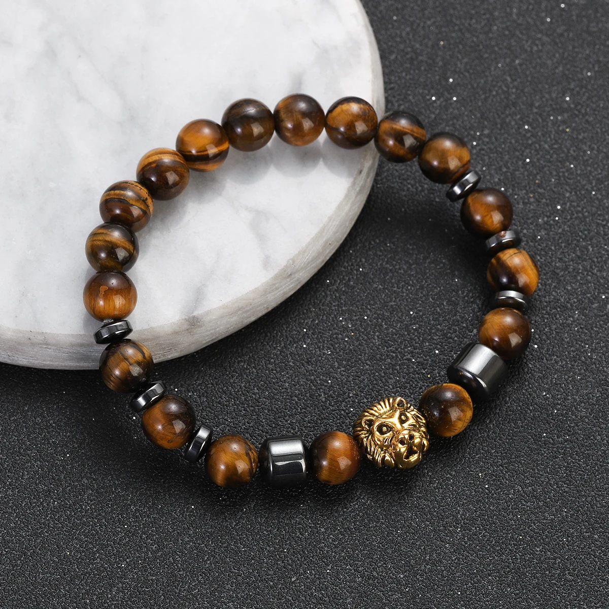 Men Natural Tiger Eye Stone Bracelet Hematite Beads Couple Bracelets for Women Lion Head Charm Bracelets Jewelry Gift