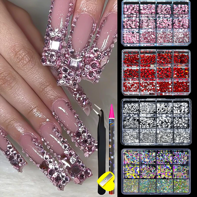 12Grid Luxury Crystal AB Pink Rhinestone Nail Art Charms Diamonds Jewelry Gems Stones Shape Manicure Set Decoration Accessories