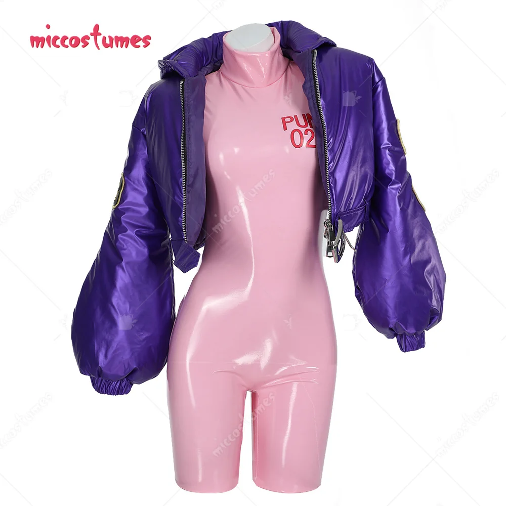 Miccostumes Women's Egghead Arc Punk-02 Lilith Cosplay Costume Shiny Pink Jumpsuit and Hooded Coat with Gloves