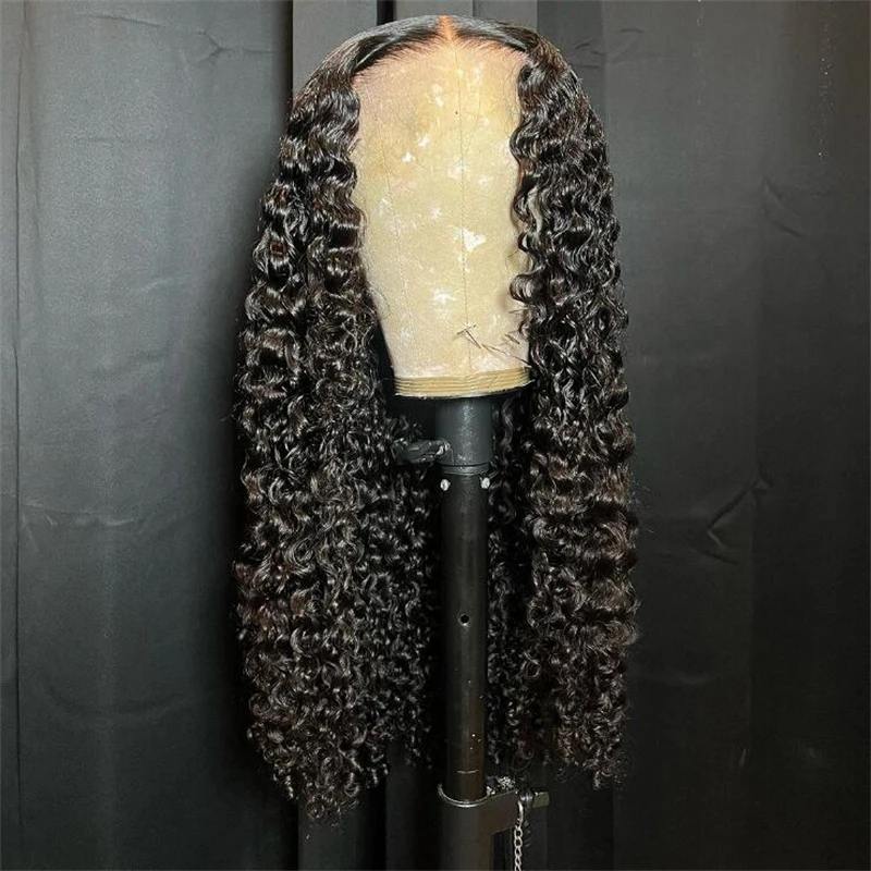 Soft 26inch Natural Black Glueless 180Density Long Kinky Curly Deep Lace Front Wig For Women With Baby Hair Preplucked Daily