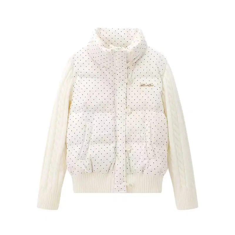Korean Style Sweet Polka Dot Knitted Patchwork Long Sleeve Cotton Jacket Women Winter Loose Thick Short Warm Bread Style Coat