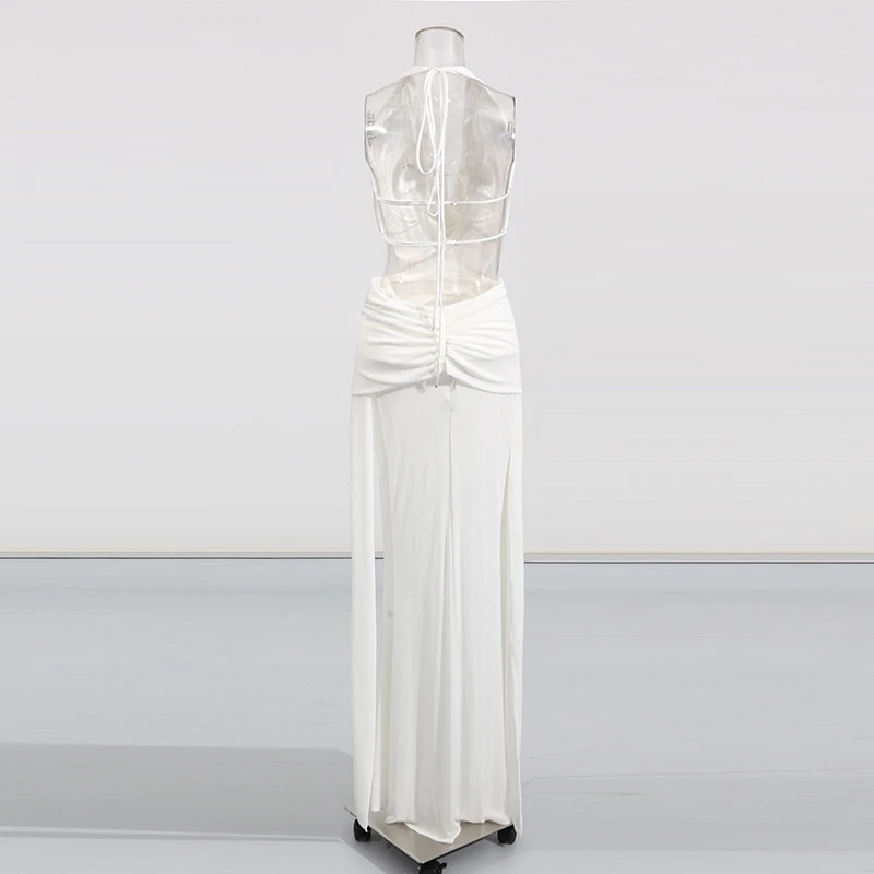 Vestidos ceñidos con espalda descubierta y empalme liso para mujer, vestido Midi de noche con pliegues transparentes y sin mangas con cuello Halter para mujer