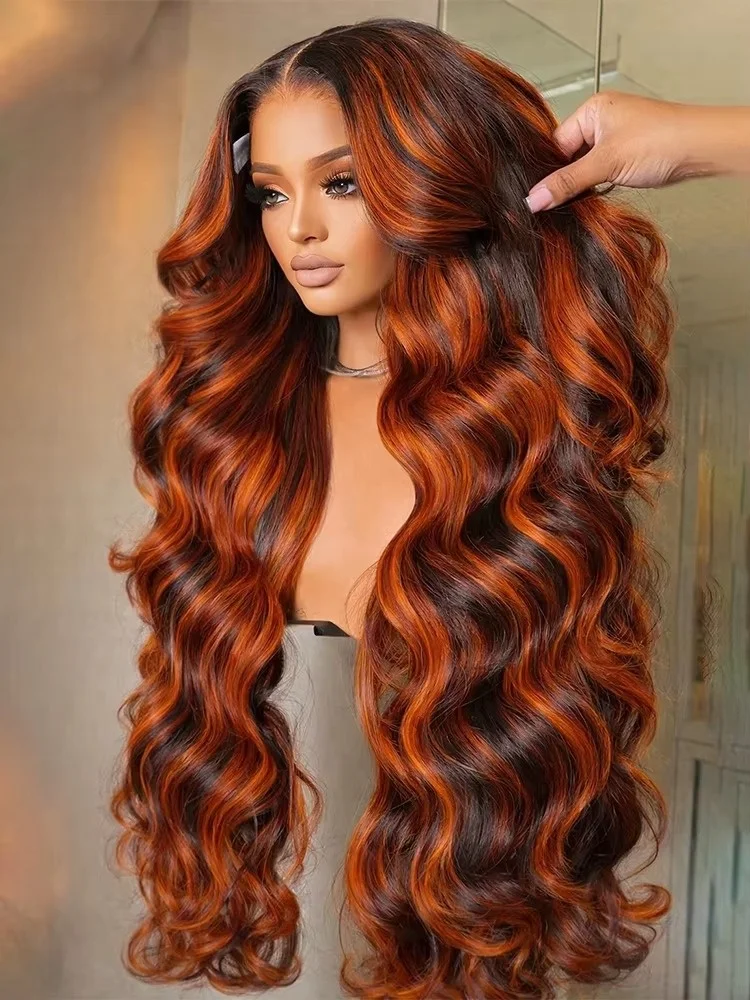 

38 InchP4/350 Ginger Orange Brown Colored Body Wave Human Hair Wig 13x6 13x4 HD Lace Frontal Wig 220% Density Brazilian Virgin Human Hair Water Wave For Black Women Daily Use
