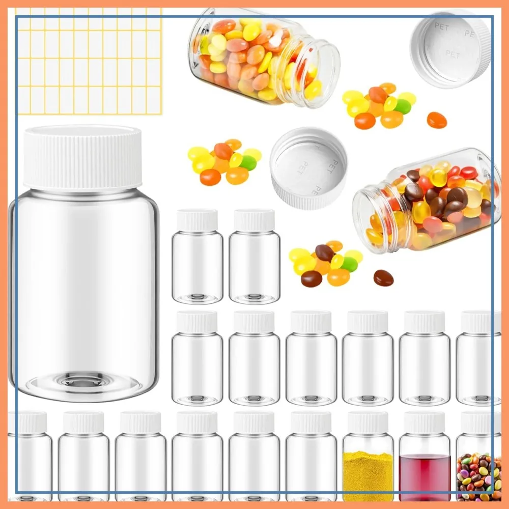 18 botellas transparentes para pastillas de 20 ml, recipientes de plástico para medicamentos y reactivos con tapas para líquidos, sólidos y polvos.