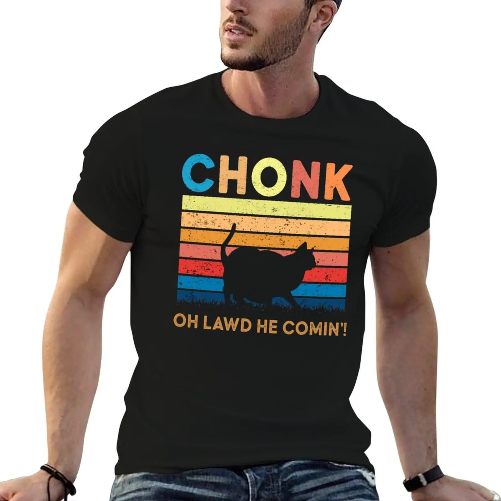 Funny Chonky cat oh lawd he comin chonk Scale absolute unit Cat meme retro vintage T-Shirt