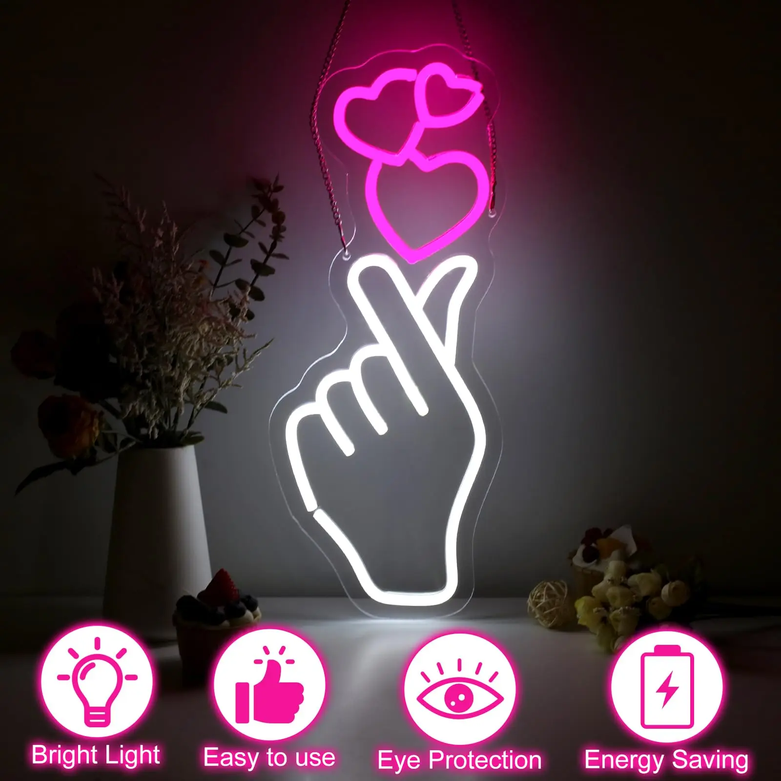 إصبع القلب النيون اليد الحب القلب LED ضوء لهدية عيد الحب، علامة النيون عكس الضوء للمنزل، الطرف، الزفاف