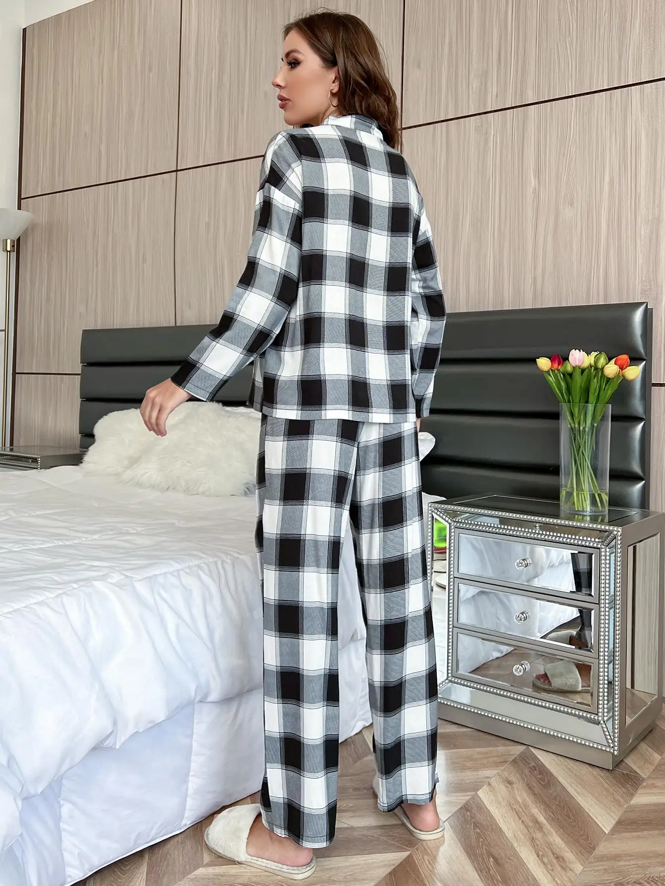 Autumn Spring Women\'s Pajamas Sets Ladies Clothes Long-sleeved Home Wear Suit Winter Plaid Print Tops & Trousers Sleepwear Cloth