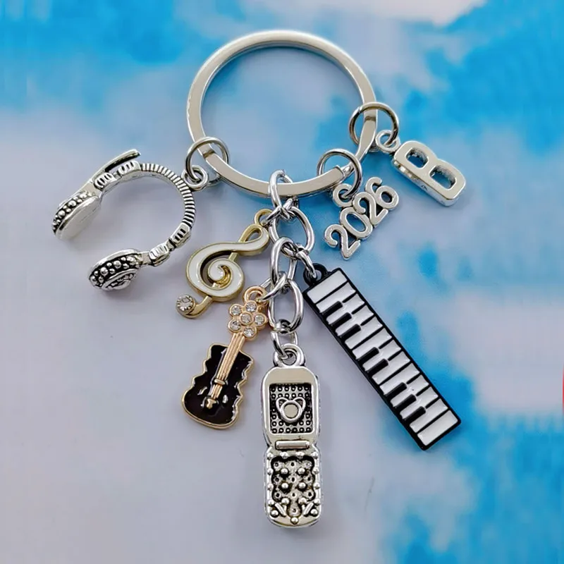 New A-Z Letter Music Phone Headset Key Chain Guitar Piano Notes Fashion Lovely Key Chain Gift Jewelry for Men and Women