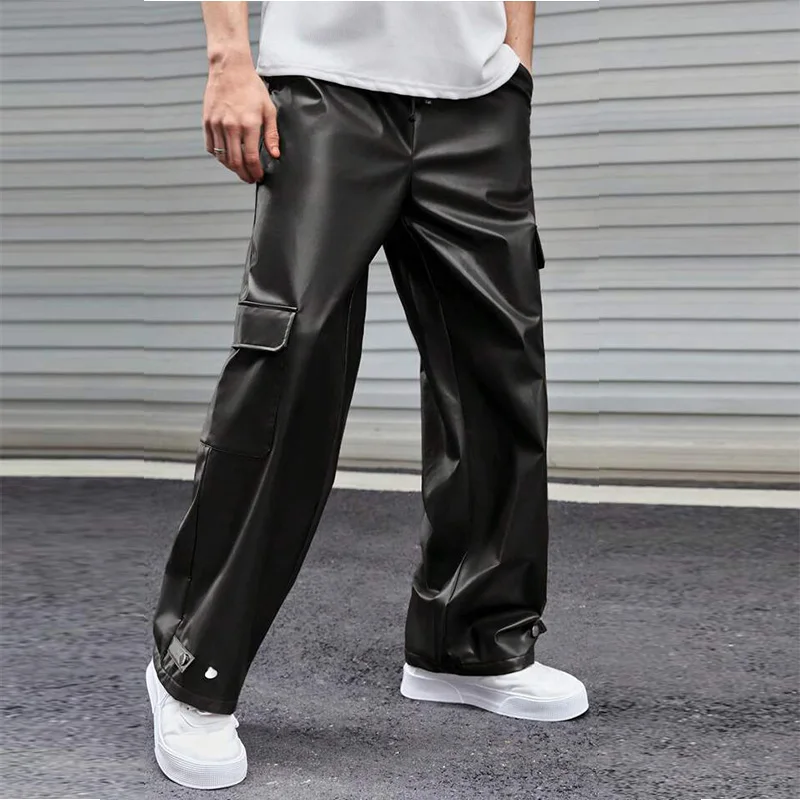 Men\'s Casual Leather Cargo Wide Leg Pants Moto Biker Trousers Hip Hop Trousers Nightclub Party Dance Pants Fashion New 2024