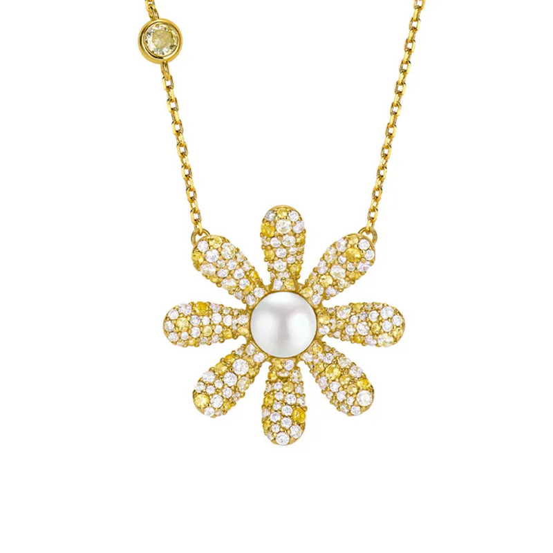 

CAMEO Gradient Pink Yellow Daisy Necklace 925 Silver Gold Plated Zircon Sunflower Pendant Fashion Vacation Style Jewelry