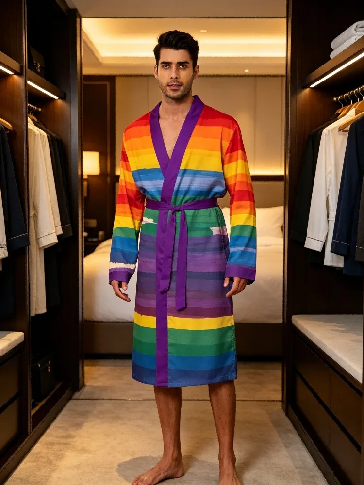 Men's lightweight quick-drying pajama bathrobe - 3D digital printing, non-fading design, stand-up collar and adjustable waistban