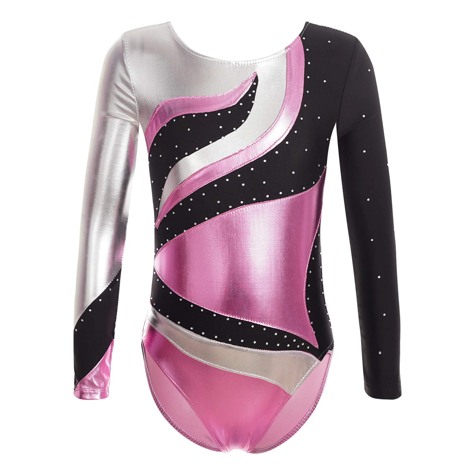 Kids Long Sleeve Figure Skating Bodysuit for Girls Teens Metallic Contrast Color Ballet Dance Leotard Gymnastics Jumpsuit