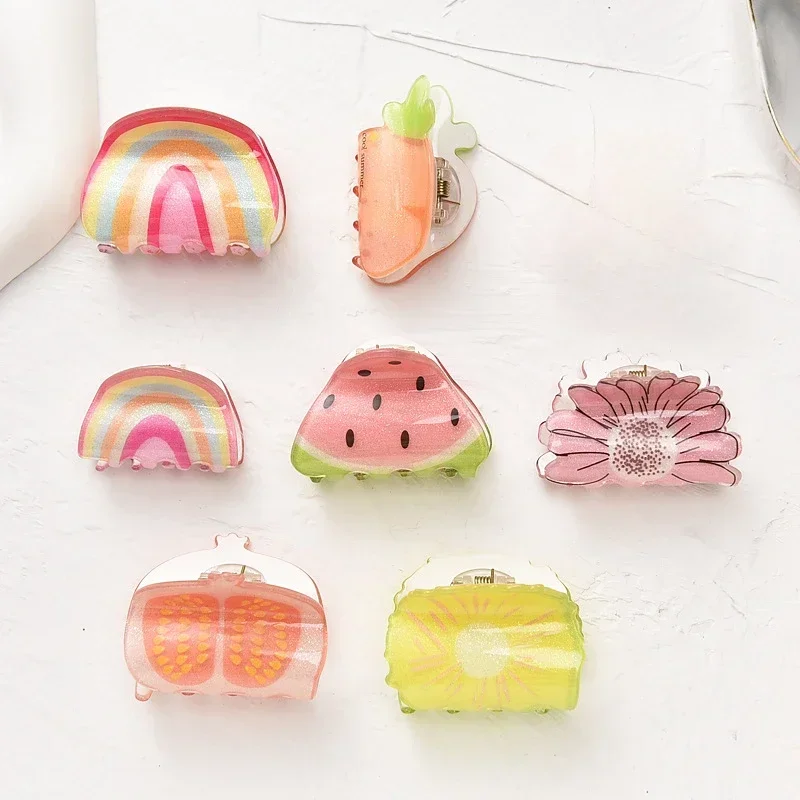 Funny Fruit Shape Hair Claw Clips Cartoon Kawaii Watermelon Rainbow Acrylic Hair Clips Children Hair Accessories