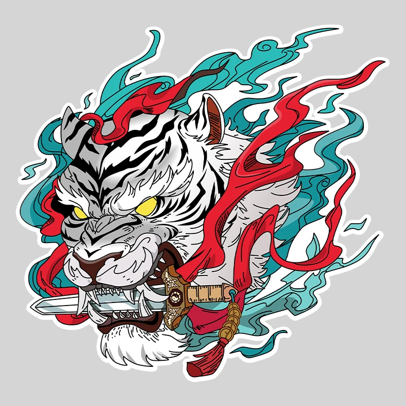 JDM Tiger Bite Knife Samurai Car Stickers Decor Window Body Rear Windshield Fuel Tank Cap Motorcycle Scooter Electric Car Decals