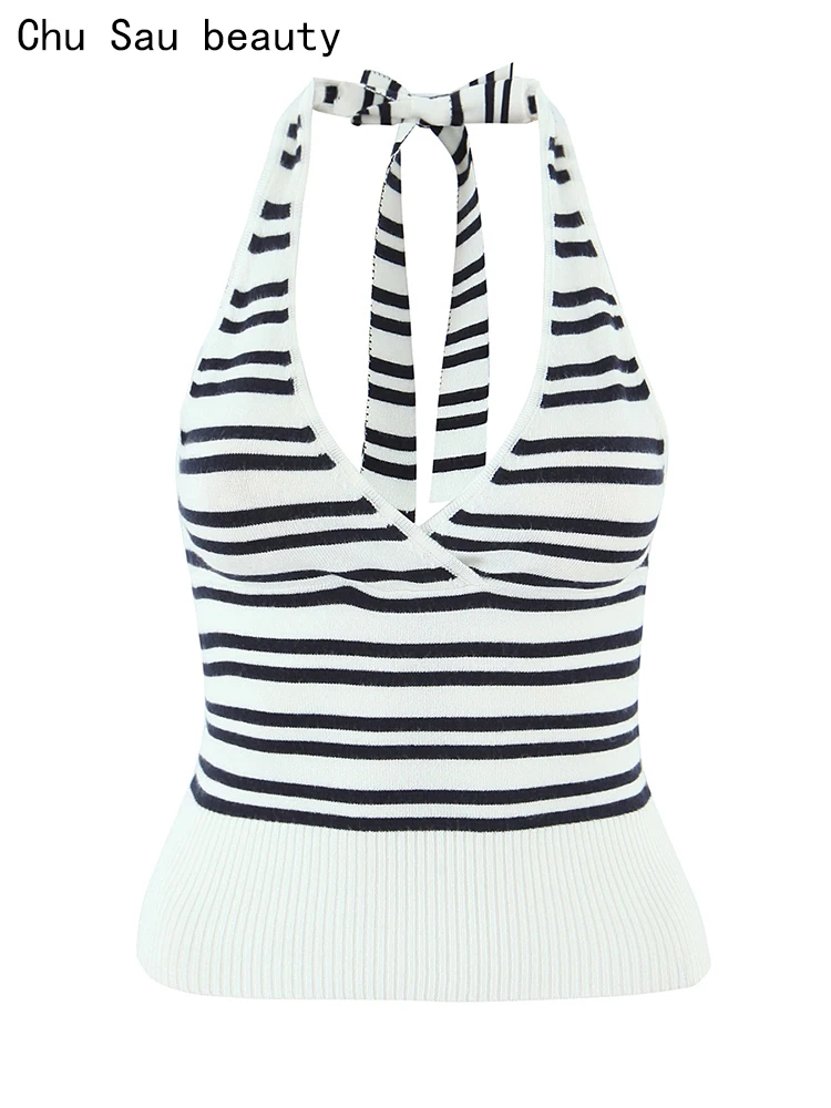 تشو ساو بيوتي 2025 المرأة موضة جديدة الحلو مخطط محبوك تانك القمم مثير الرسن الخامس الرقبة بلا أكمام تي شيرت شيك عارية الذراعين #1