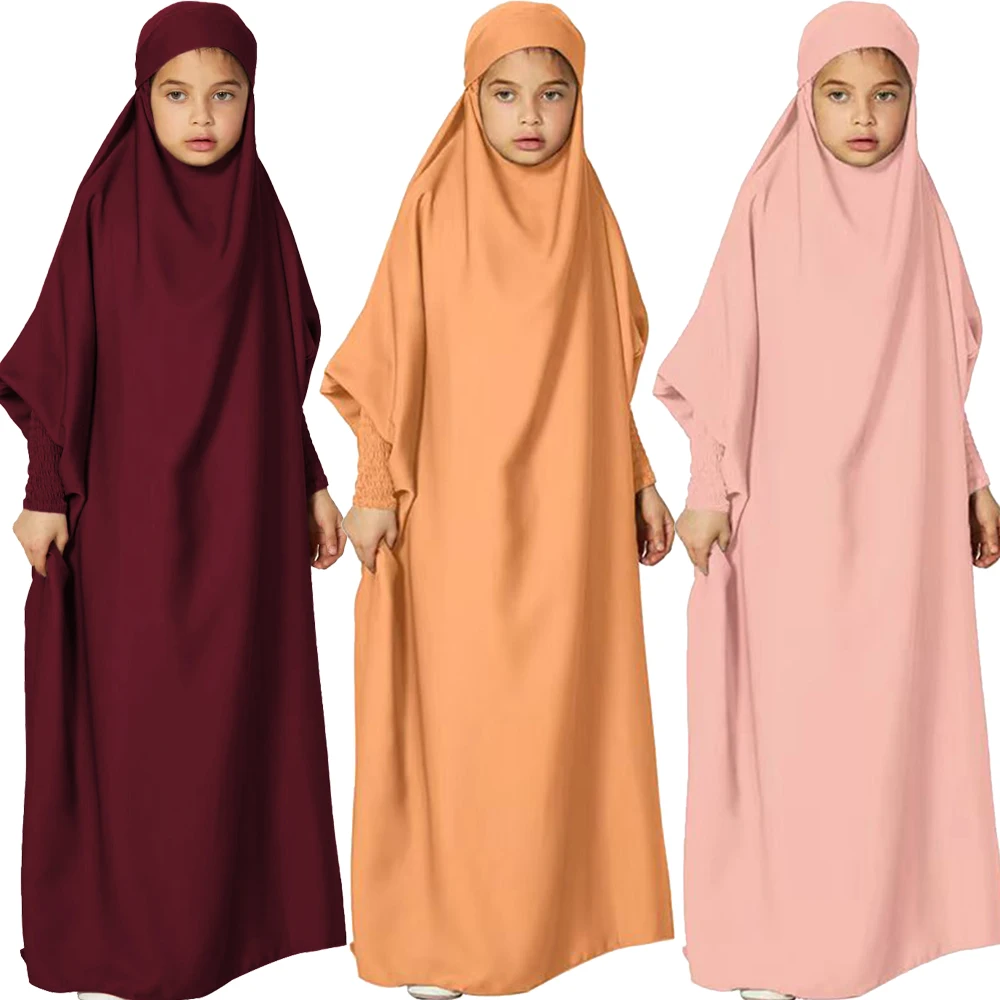 

Eid Abaya for Kids Girls Overhead Dress Ramadan Prayer Garment Islam Clothing Muslim Child Kaftan Arabic Robe Djellaba Jalabiya