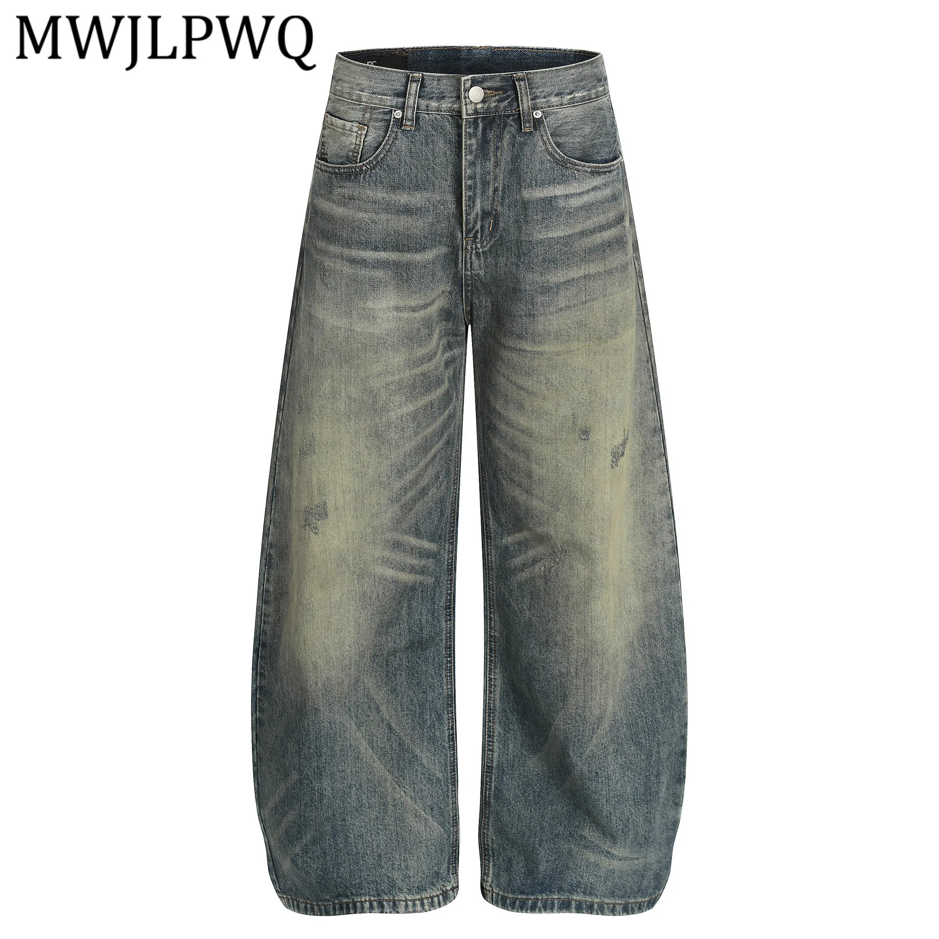 

MWJLPWQ Американские джинсы в стиле High Street с уникальным дизайном, ретро, мужские, широкие, из денима, с эффектом потертости, длинные брюки для мужчин, новинка весны 2026, 13424