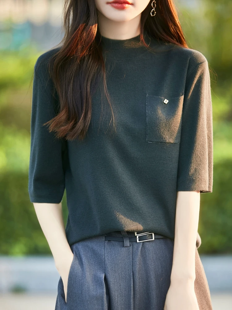 

Женский вязаный шерстяной свитер с высоким воротником, коротким рукавом, пятью пуговицами и карманами, для весны, осени и зимы, базовый слой под пальто