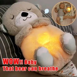 Urso de respiração bebê calmante lontra boneca de pelúcia brinquedo do bebê crianças calmante música bebê dormindo companheiro som e luz boneca brinquedo presente