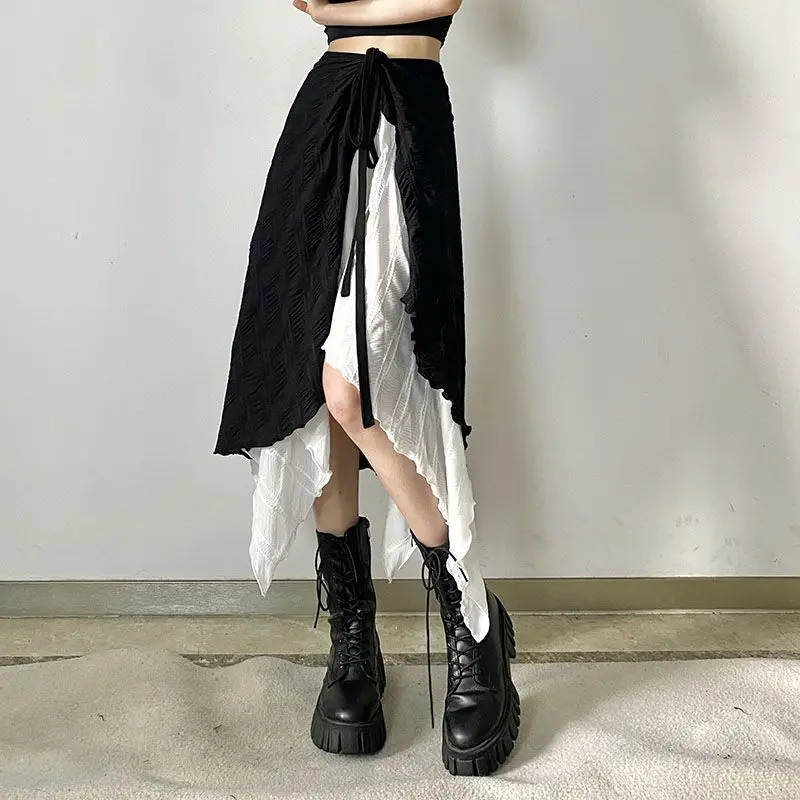 

Spliced Black and White Contrasting Skirt, Women's Asymmetrical Mesh Lace-up Long A-line Skirt