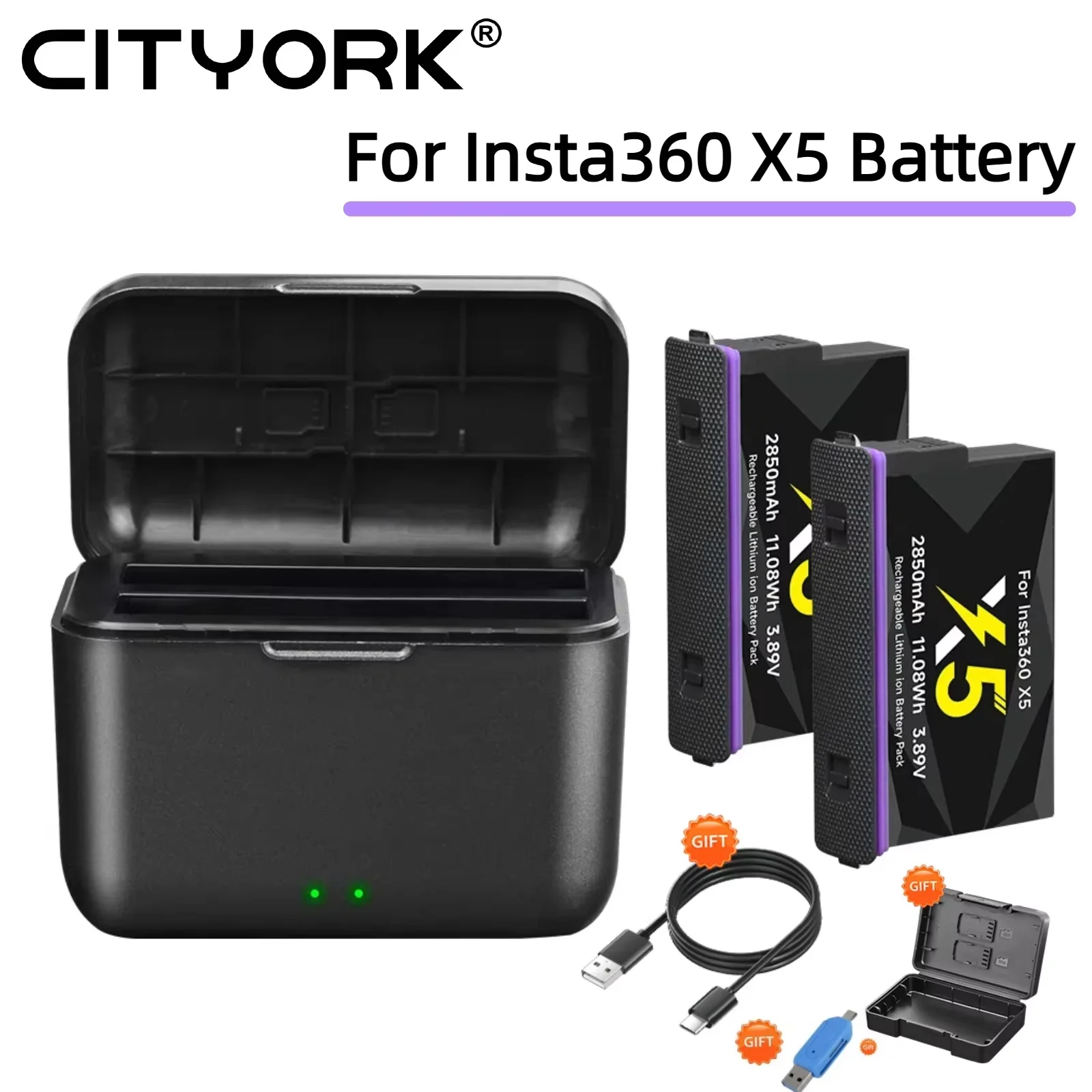 

CITYORK 2850mAh Battery For Insta360 X5 Camera batter With 2-Slots Charger And Gift Battery storage box+Type-C cable