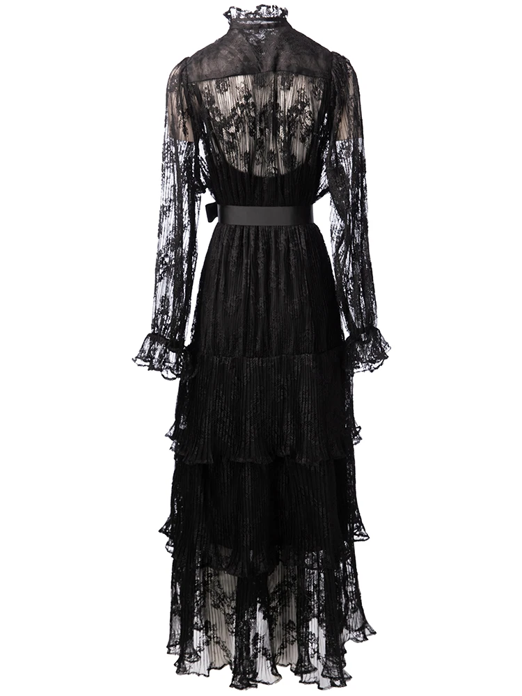 DSFACAIRI Vestido feminino de renda vintage, gola única, mangas largas, renda, babados, em camadas, moda outono