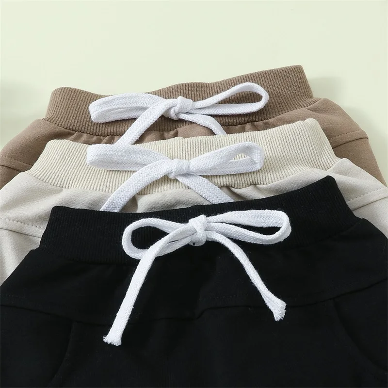 Conjunto infantil de 3 peças para crianças, verão, cintura elástica, shorts de cor sólida, corredores para meninas, calças curtas casuais para bebês