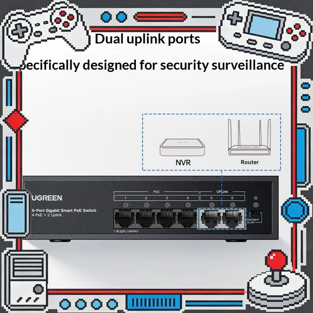 UGREEN CM941 POE Switch 6 Port Gigabit 4 POE 2 Uplink 42W VLAN for IP Camera Security Network