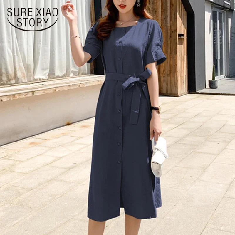 Cotton and Linen Navy Slim Belt Single-Breasted Summer Dress Empire Fashion Short Sleeve Square Collar Midi Vestidos 8833 50