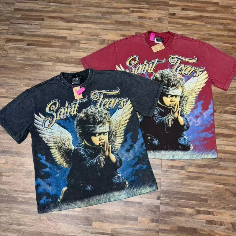 Vintage Saint Tears Graphic T Shirt Blindfolded Angel Praying Print Y2K Grunge Streetwear Retro Heavy Cotton Tee Men Women Top
