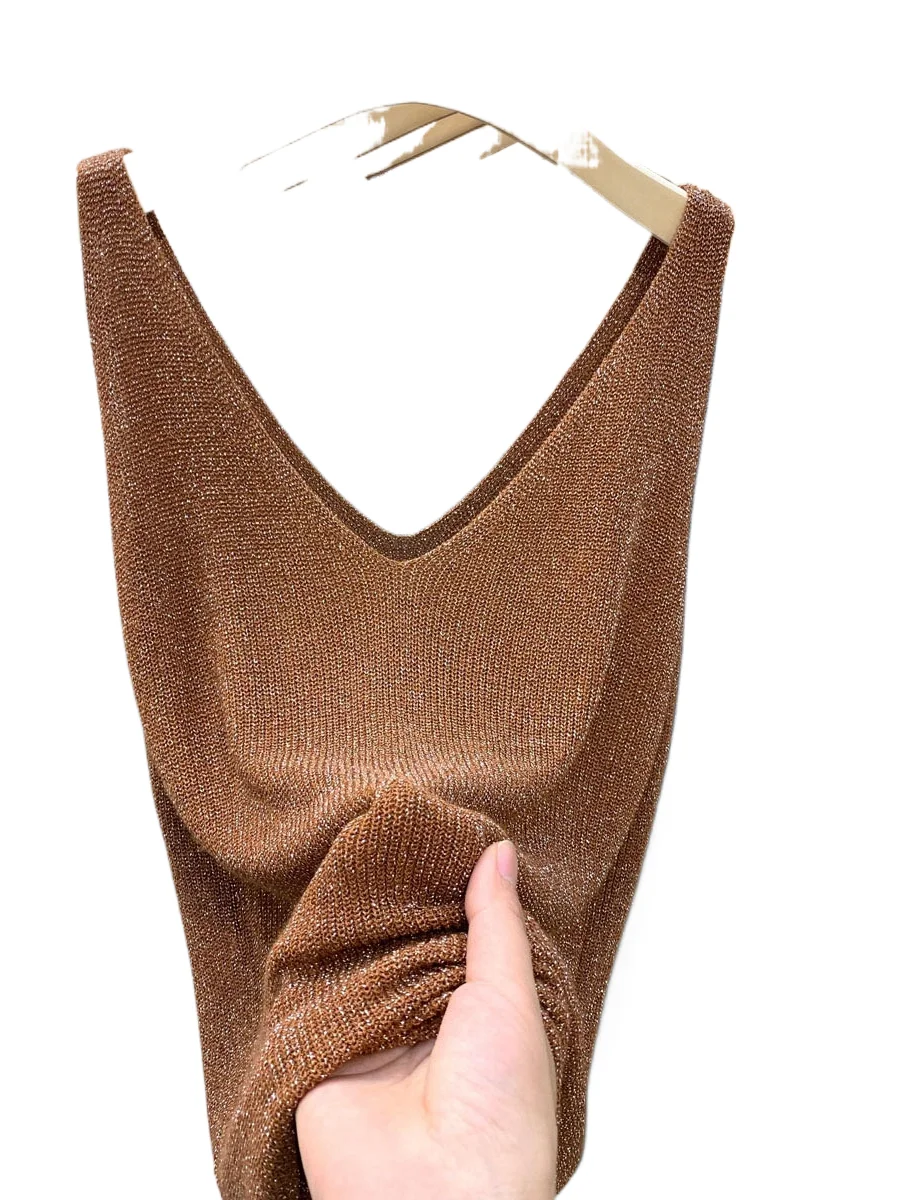 

Bright Silk Knitted Vest Women's Spring Summer Sexy V-Neck Camisole Top Korean Version Simple Solid Color Loose T-shirt