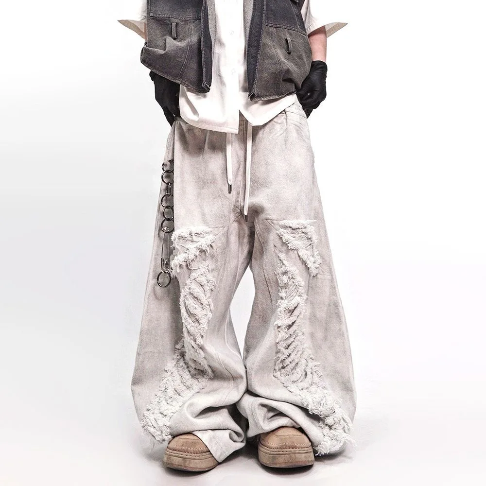 Vintage Washed Jeans High Street Distressed Loose Workwear Pants Wide Leg Denim Trousers for Men Women Streetwear Cargo Pants