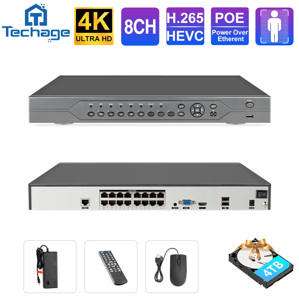 

Techage 16CH 4K 8MP 5MP 4MP 2MP H.265 POE NVR Onvif P2P Сетевой сетевой POE NVR для IP-камеры видеонаблюдения Набор видеонаблюдения