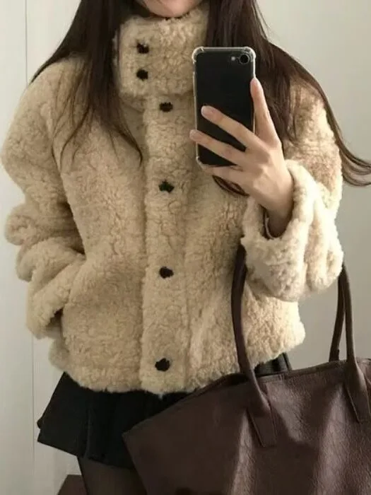 Korean Style Short Lamb Fur Jacket Warm Stand Collar Outerwear Polyester Fabric Women's Fashion Autumn Collection 2026