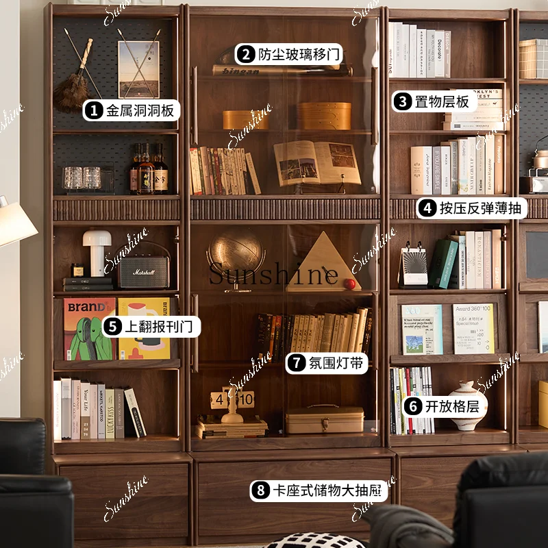 North American black walnut all solid wood living room card seat combination bookcase integrated full wall display locker  FT