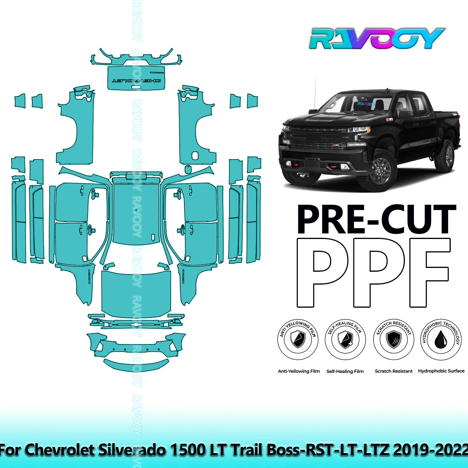 

Автомобильная предварительно вырезанная защитная пленка для краски PPF, полный автомобиль для Chevrolet Silverado 1500 LT Trail Boss-RST-LT-LTZ 2019-2022
