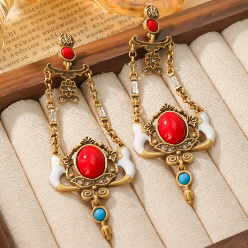 

Luxury Middle Vintage Palace Ethnic Style Gemstone Red Temperament Ear Jewelry Dangle Earrings Retro Enamel Earrings for Women