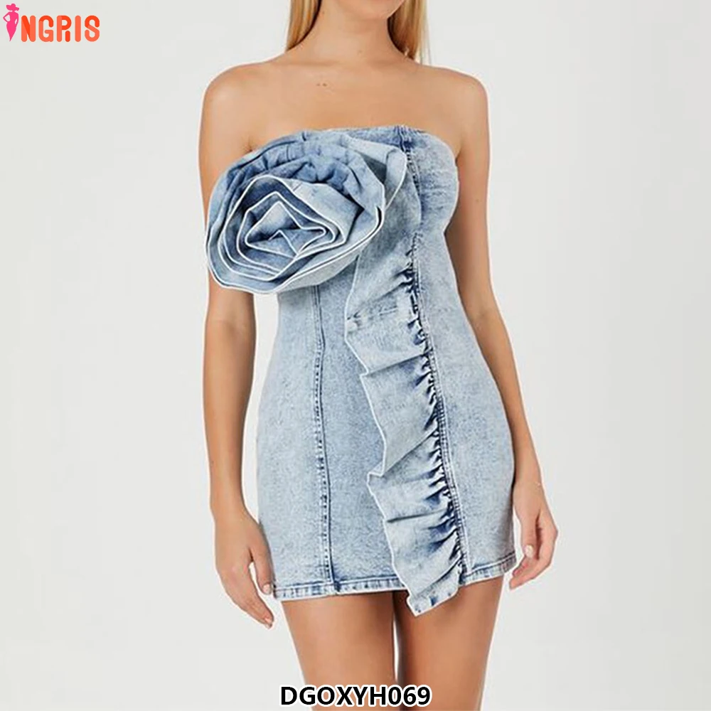 

Custom Club Party New Arrivals Blue Denim Sleeveless 3D Flower Strapless Sexy Bodycon Mini Casual Dress-DGOXYH069